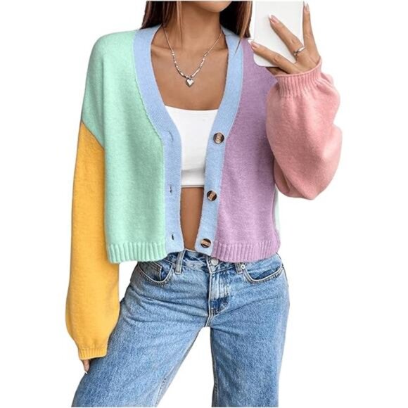 Women’s Colorful Cropped V-Neck Cardigan 70s Style Fall Knit Sweater Coat - Picture 7 of 7